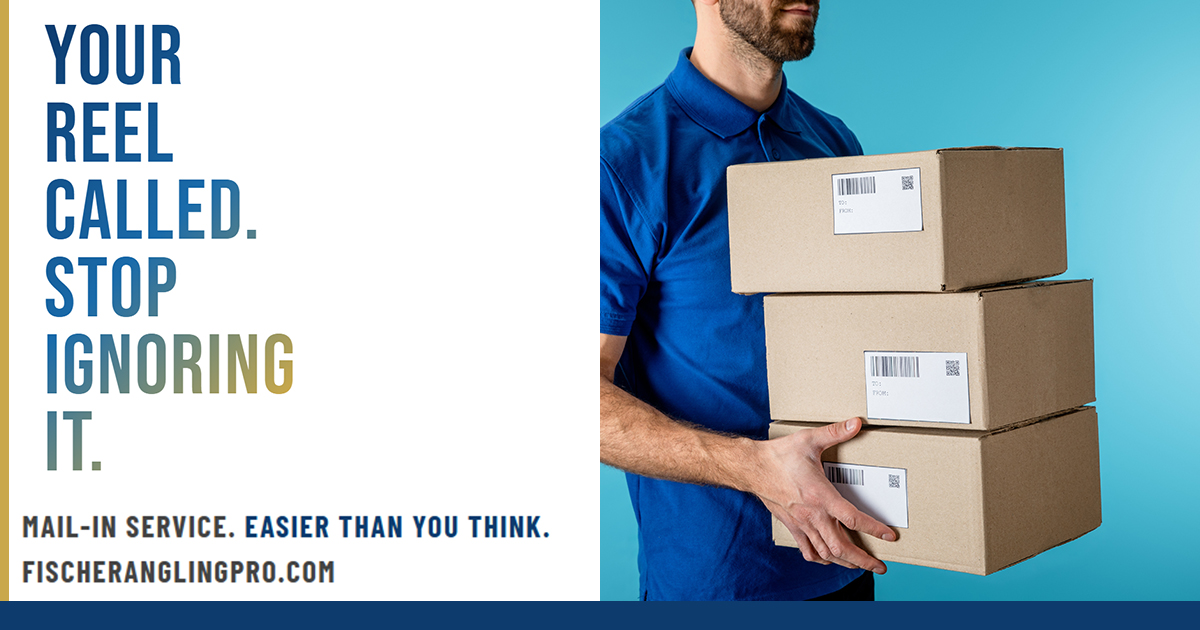 Mail carrier holding labeled shipping boxes — Fischer Angling mail-in reel service